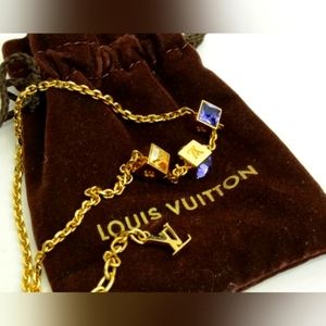 Authentic Louis Vuitton White Purple Gemstone Cube Charm Logo Mono Necklace